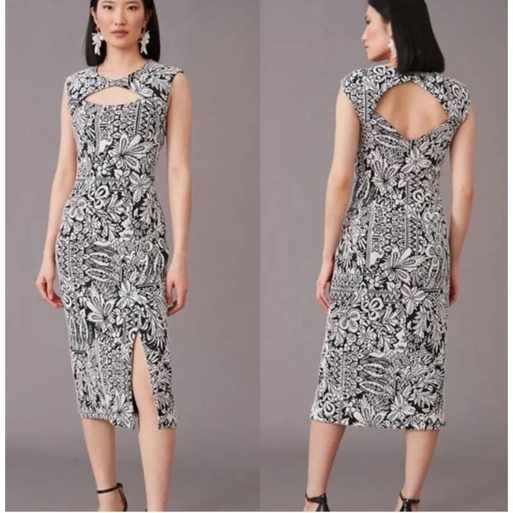 Nwt Anthropologie Jacquard Black White Cut-Out Midi Dress V